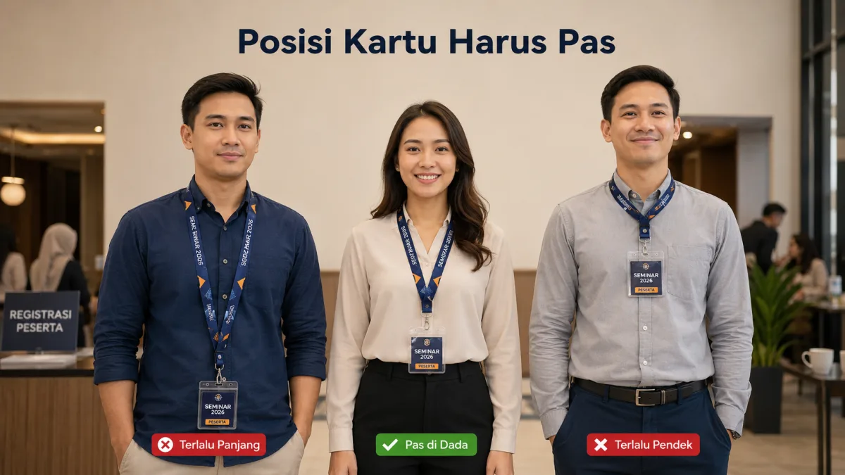 Perbandingan posisi panjang lanyard seminar yang terlalu pendek, terlalu panjang, dan tepat