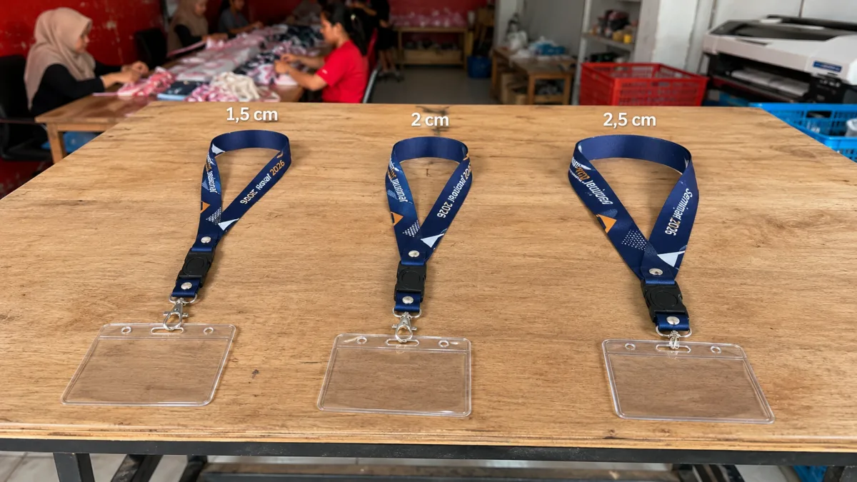 Perbandingan lebar lanyard seminar ukuran 1,5 cm, 2 cm, dan 2,5 cm