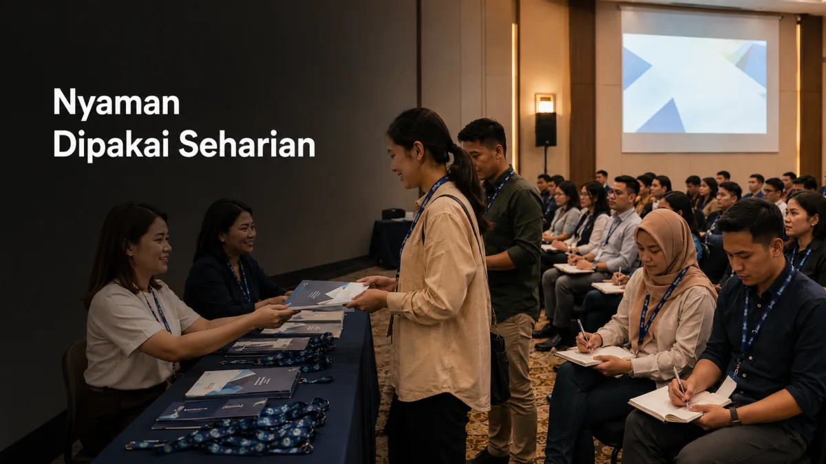 Peserta seminar memakai lanyard custom yang ringan dan nyaman sepanjang acara