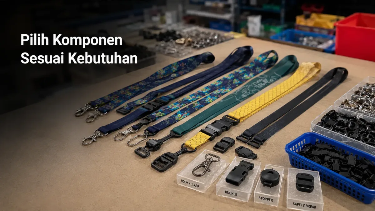 Pilihan bahan dan komponen lanyard seperti hook, buckle, stopper, dan safety break